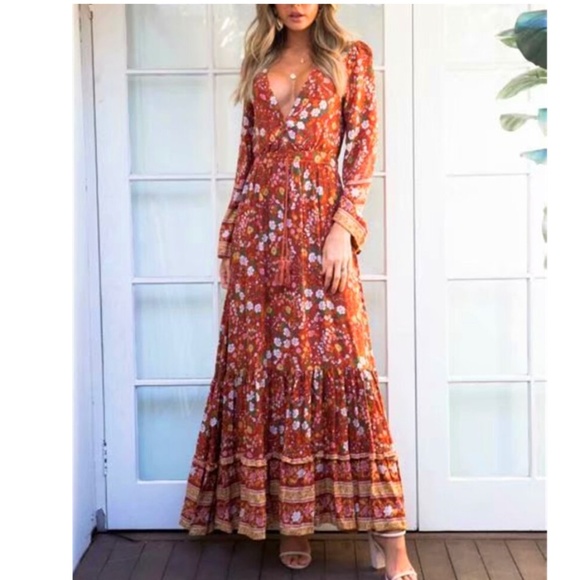 boho chic gypsy floral print low neck maxi dress - Picture 1 of 4